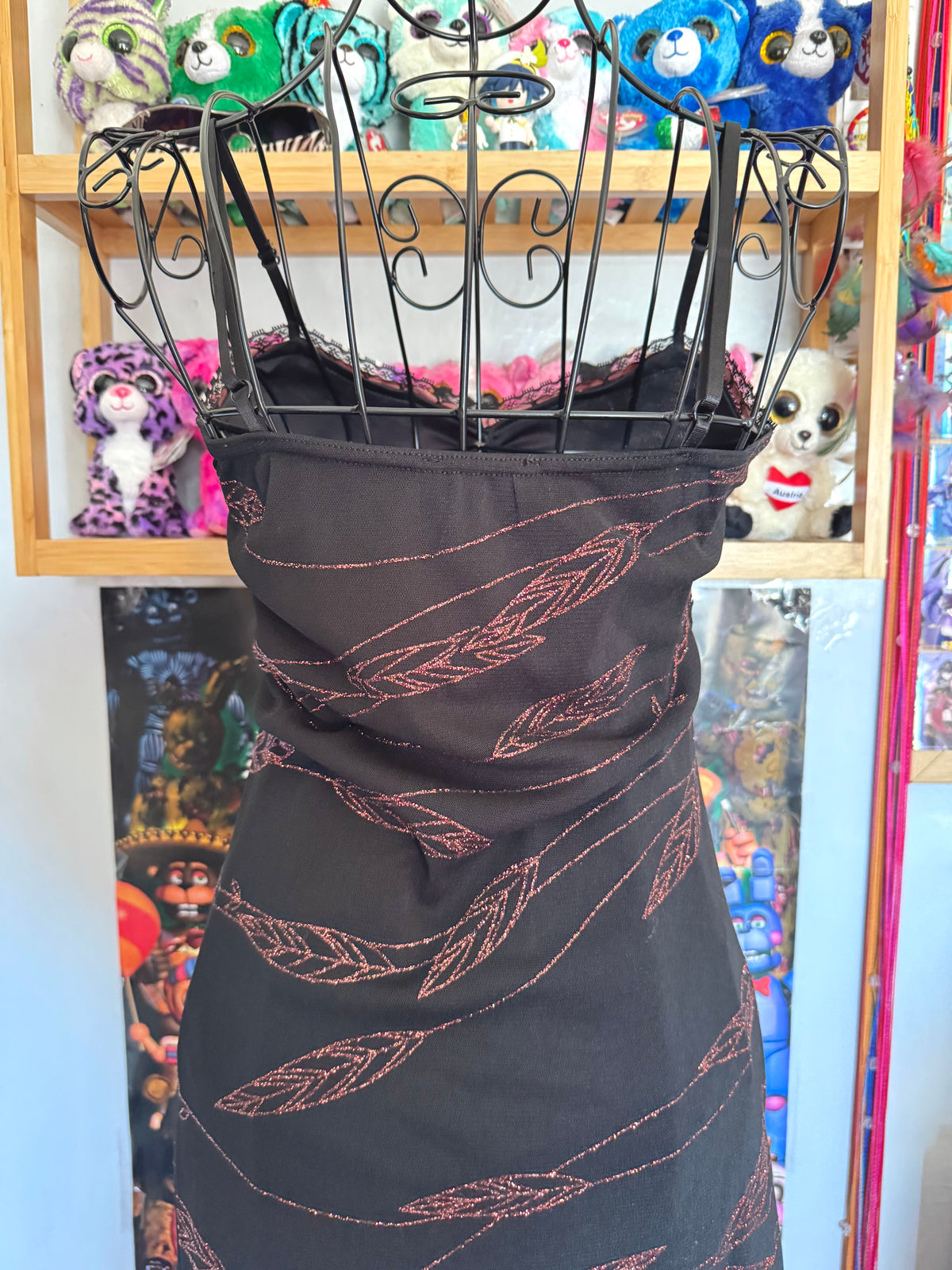 y2k vintage black asymmetrical hem mesh midi dress with bronze shimmer
