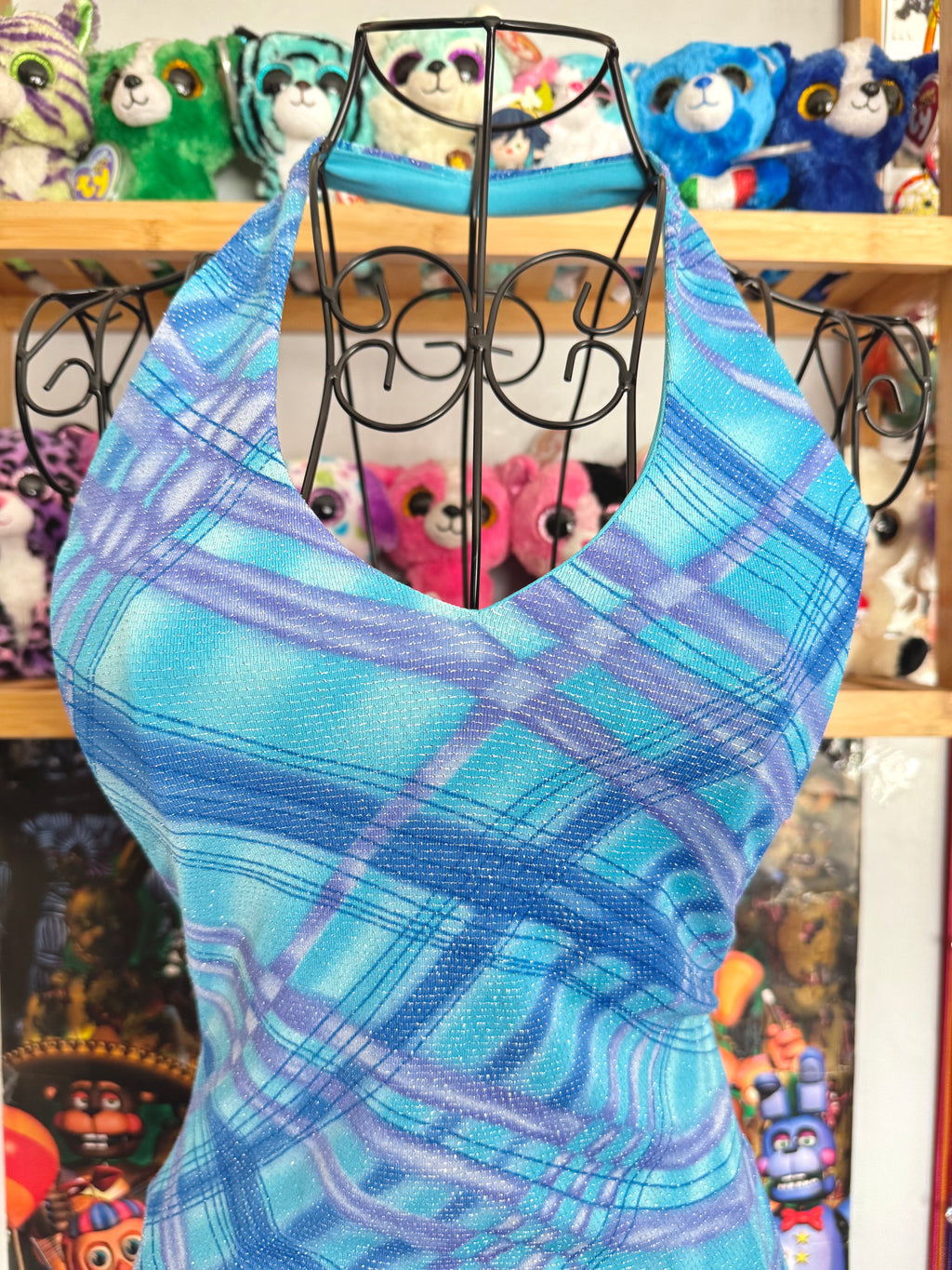 y2k vintage aqua blue fitted halterneck tie back top with glittery shimmer throughout