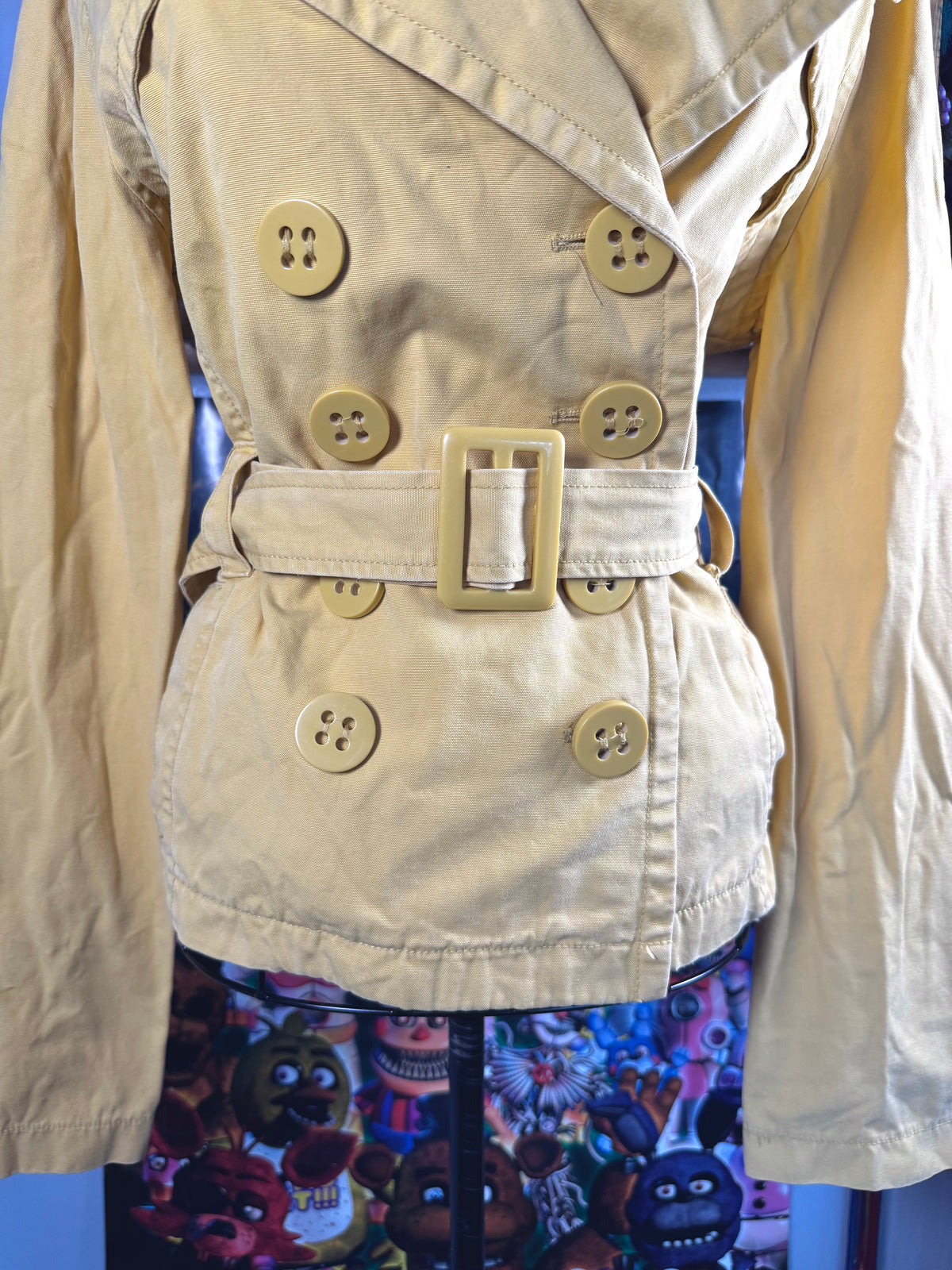 y2k vintage mustard yellow fitted button up peacoat with adjustable belt