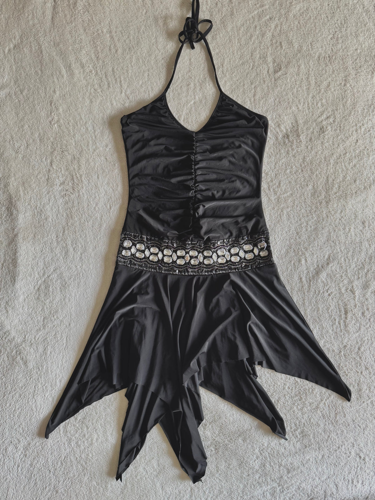y2k vintage black sequin ruched slinky halterneck midi dress with hanky fairy hem
