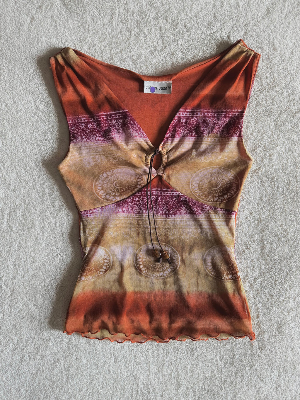 y2k vintage mesh fitted ombre sleeveless vest top with keyhole cutout and tassels