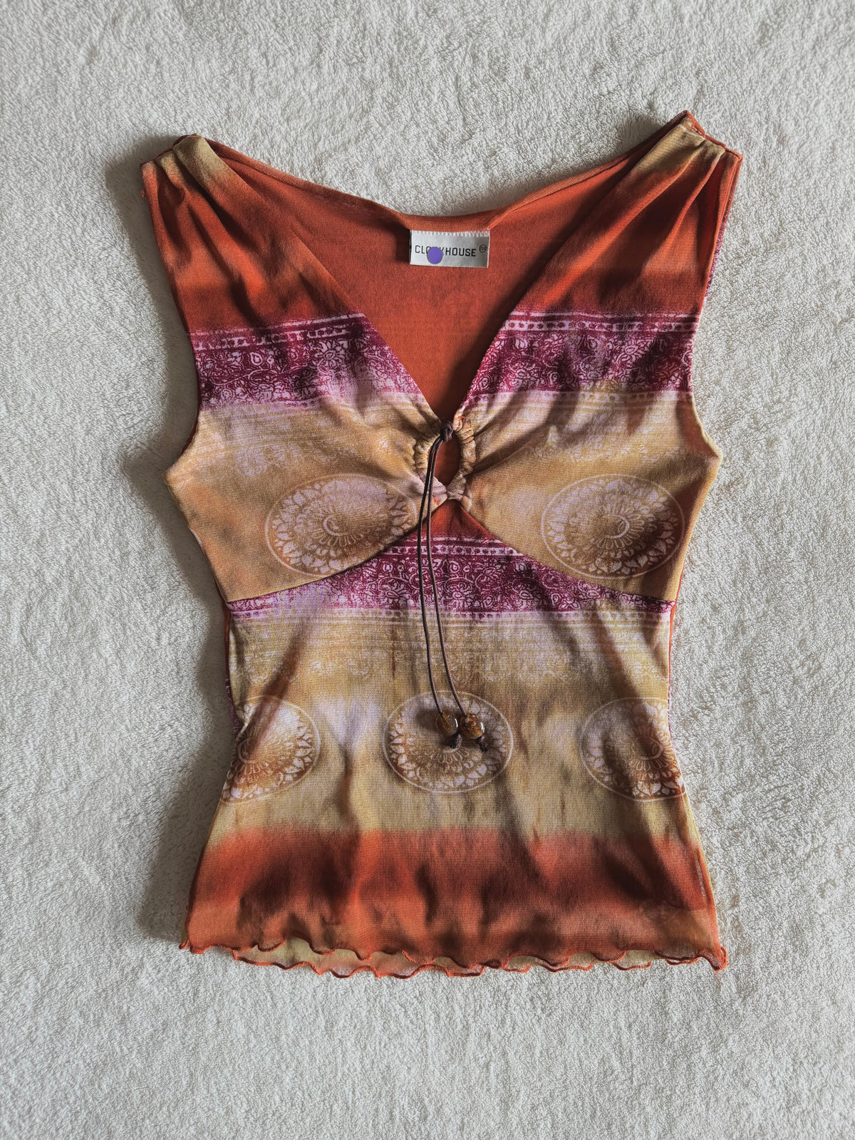 y2k vintage mesh fitted ombre sleeveless vest top with keyhole cutout and tassels