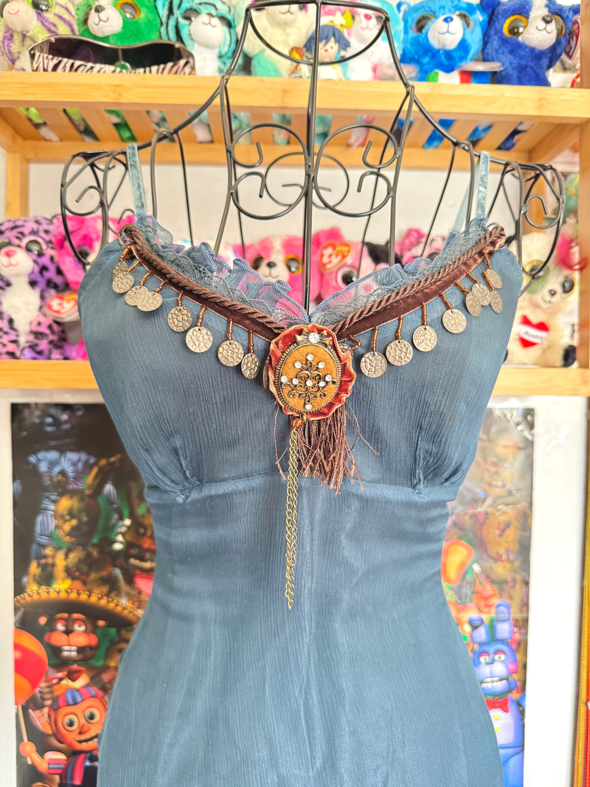 y2k vintage blue silk midi dress with asymmetrical hanky hem and coin tassels