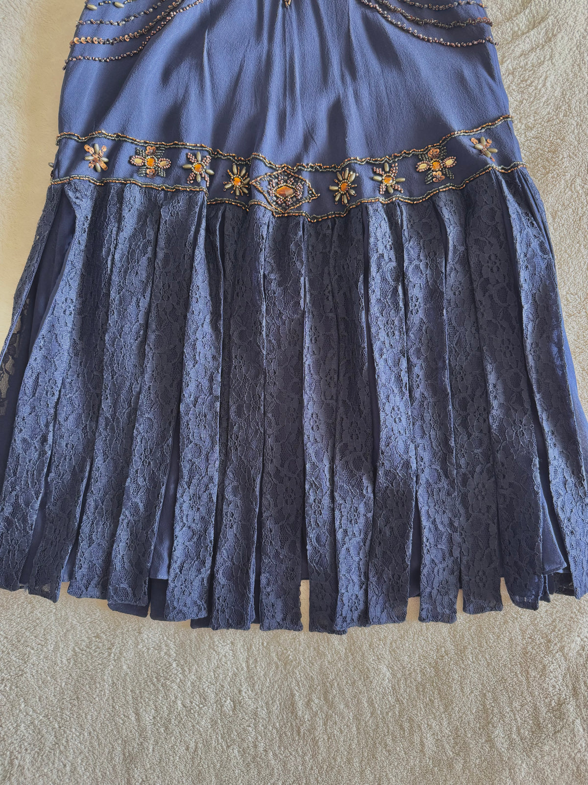 vintage 90’s royal navy blue silk dress gold and bronze beading embellishments astrology astronomy