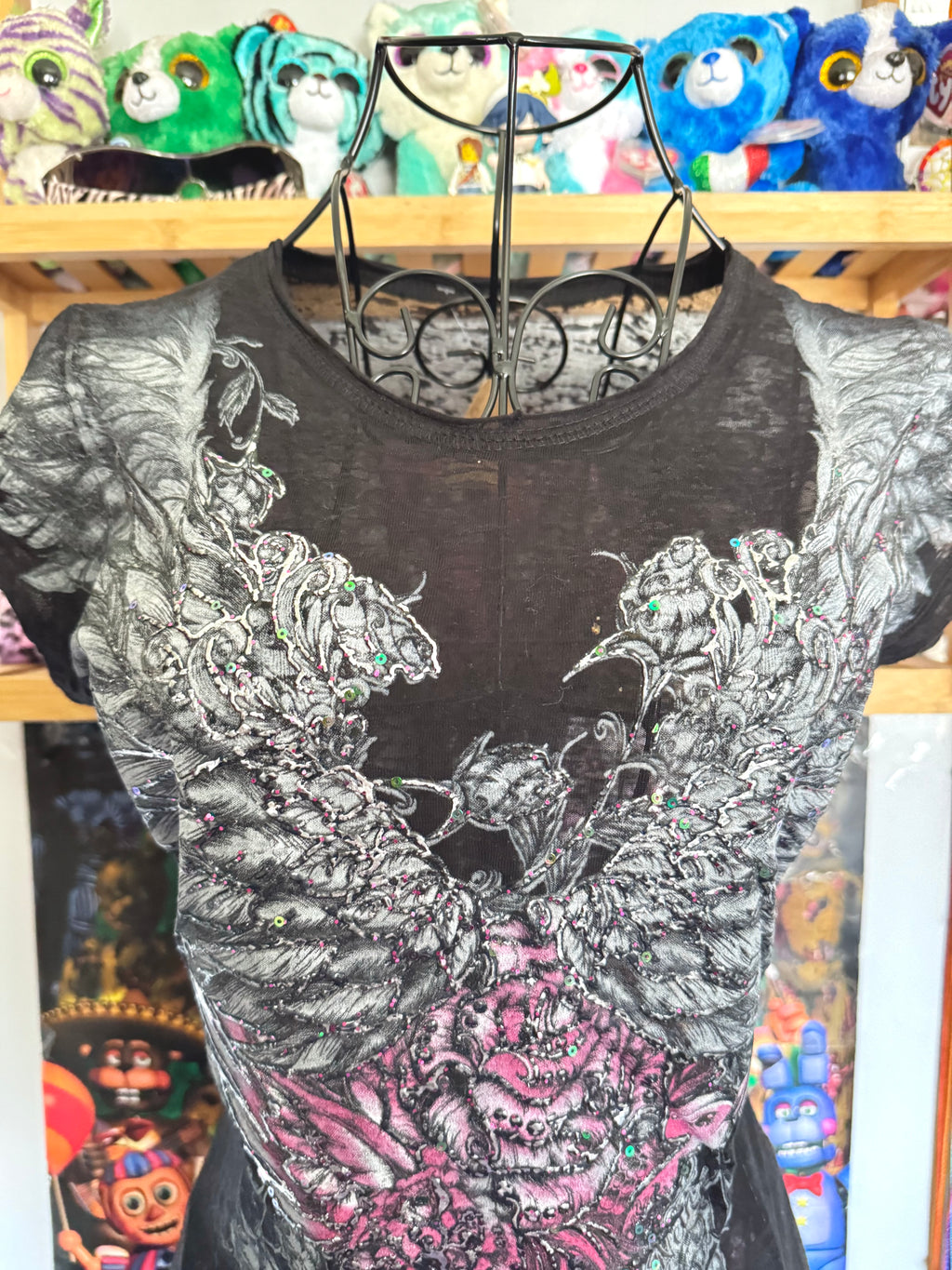 y2k vintage insane graphic angel wings print fitted sheer tee