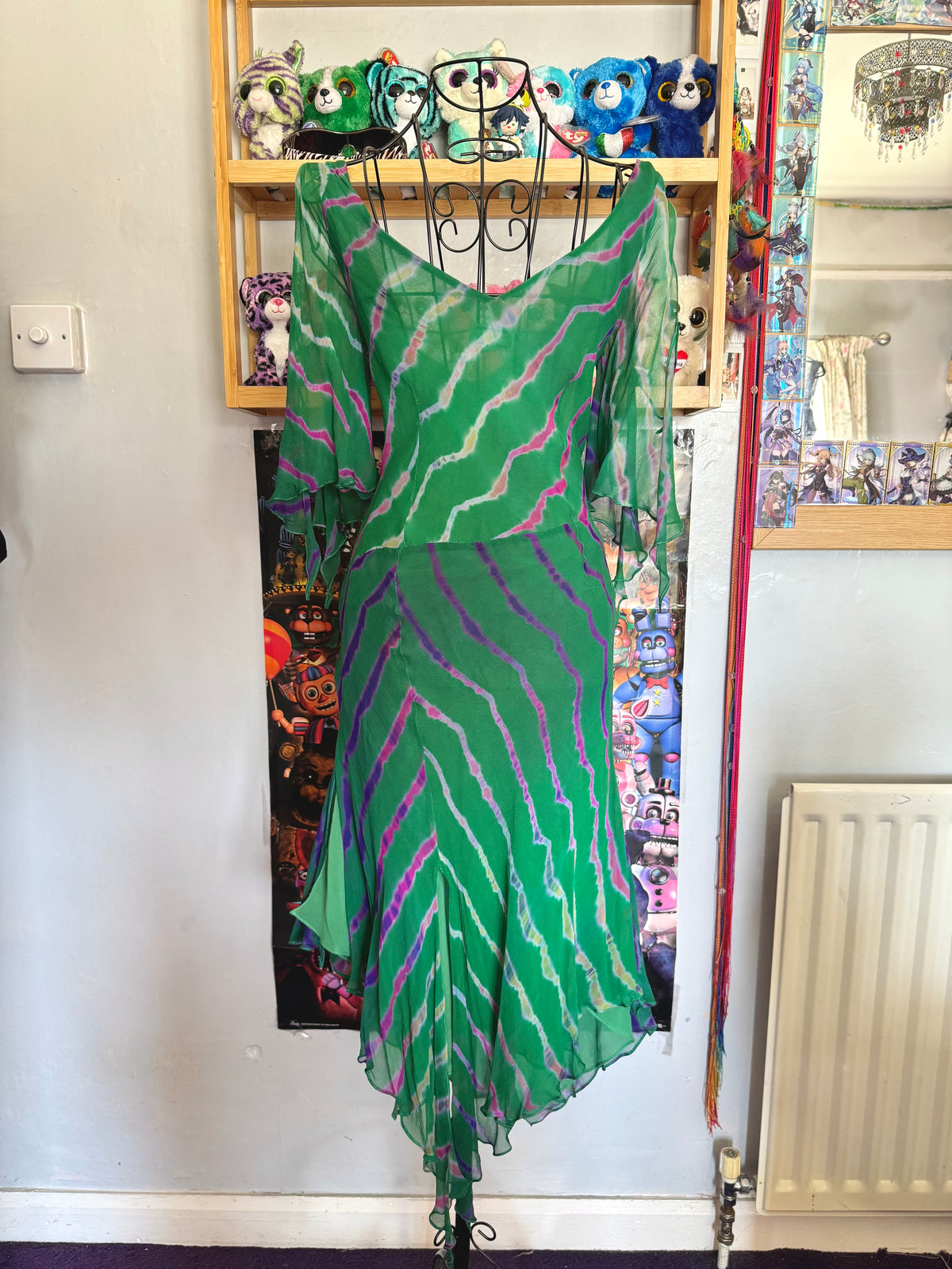 y2k vintage silk green flowy midaxi length dress with multicoloured embroidered details