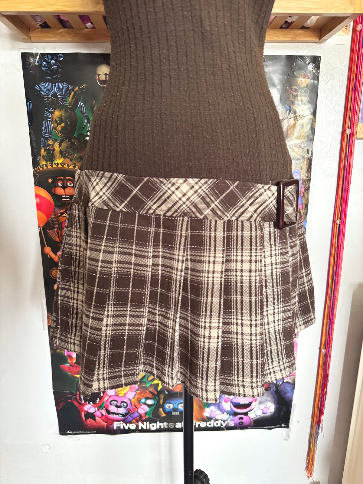 y2k vintage chocolate brown sleeveless fitted pleated mini dress with plaid and chest cut out