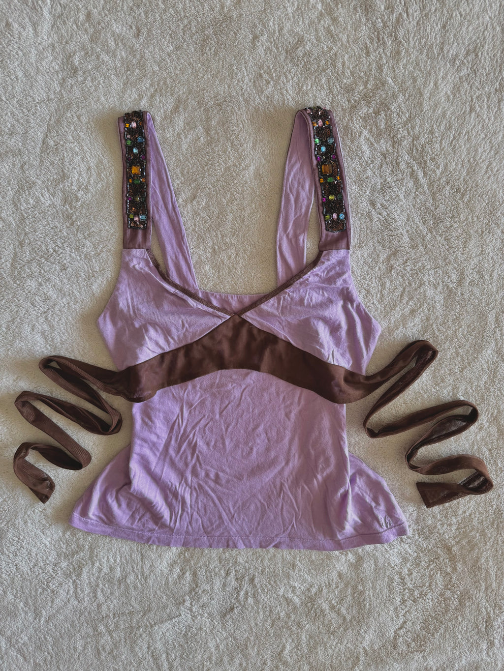y2k vintage fitted lilac tie back jewelled cami top