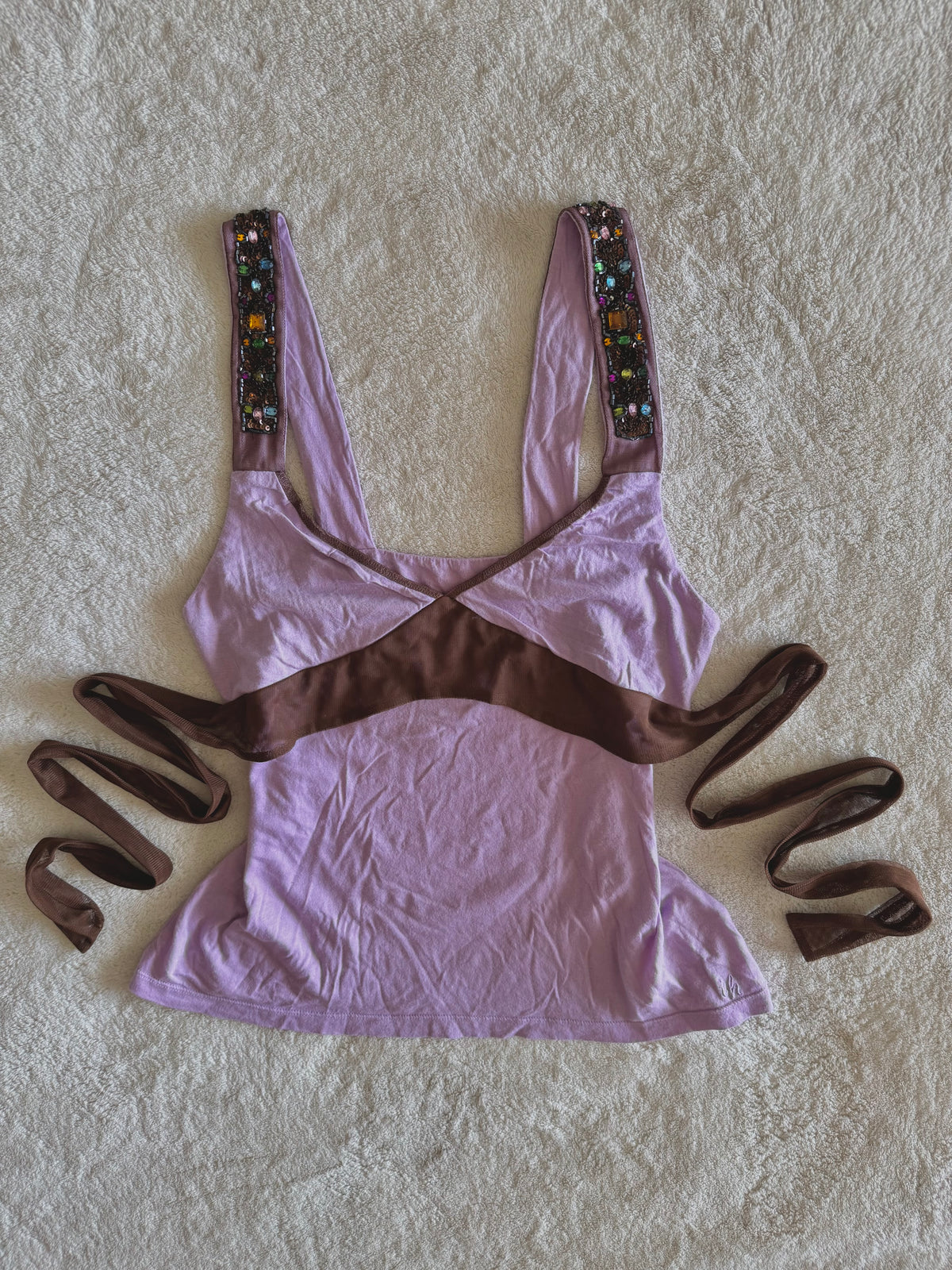 y2k vintage fitted lilac tie back jewelled cami top