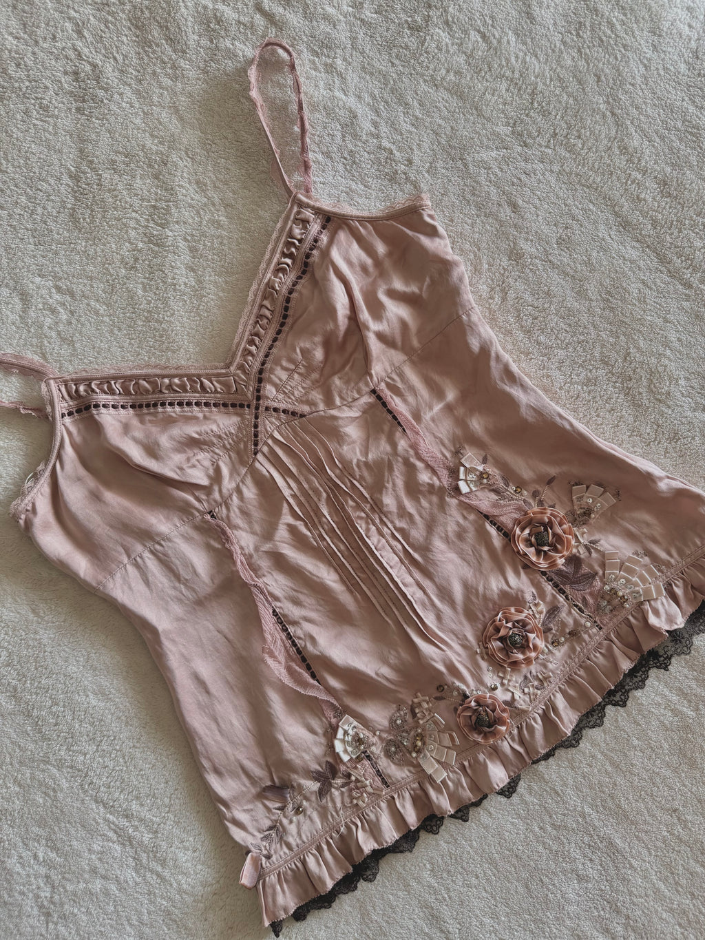 y2k vintage dusky pink silk cami top with 3D flowers embellished