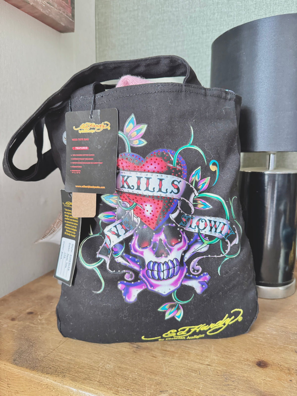 y2k deadstock bnwt graphic skull print Ed Hardy tote bag with rhinestones