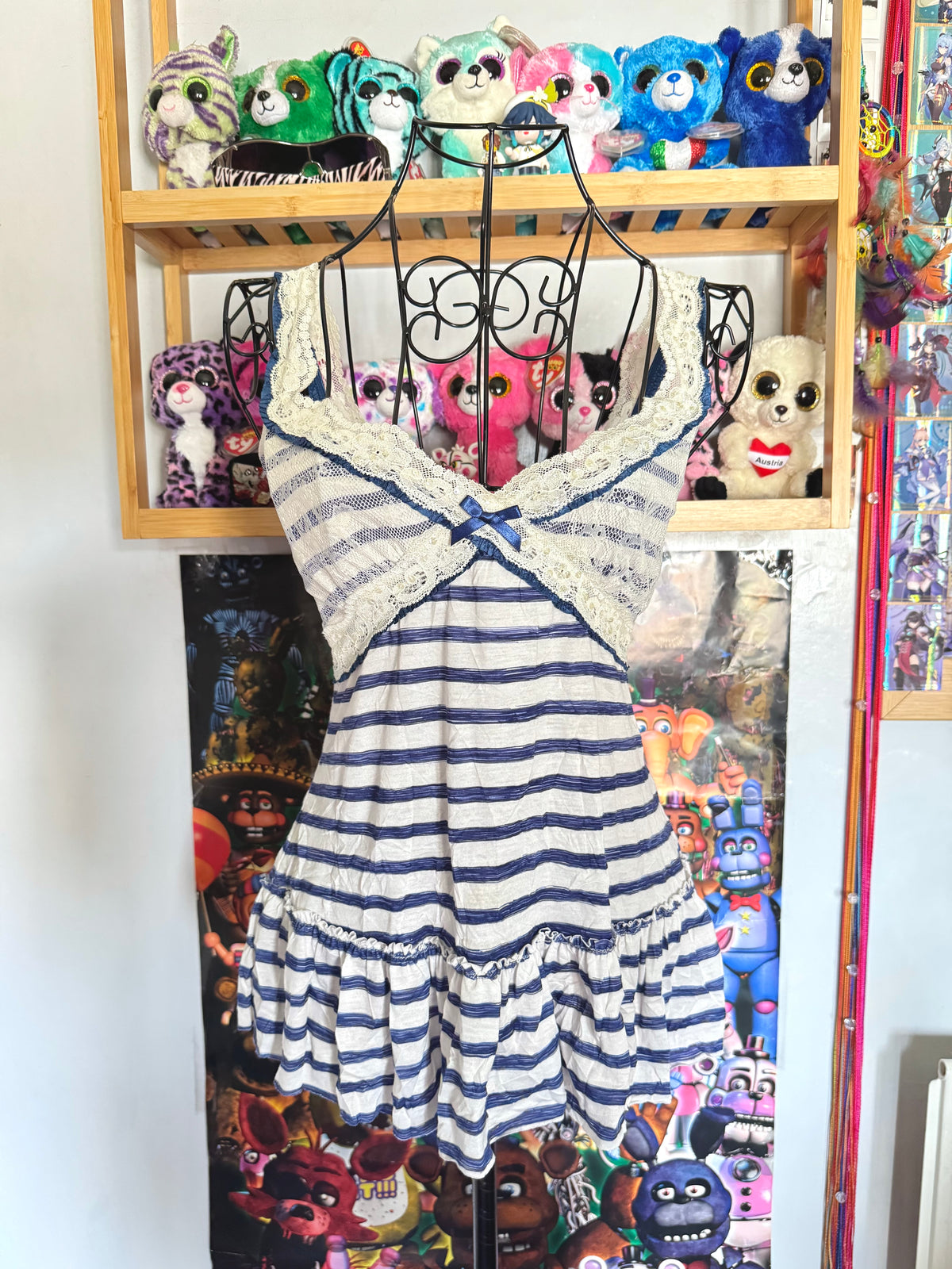 y2k vintage sailor vibes striped blue and white ruffle bottom cami top with lace trimmings