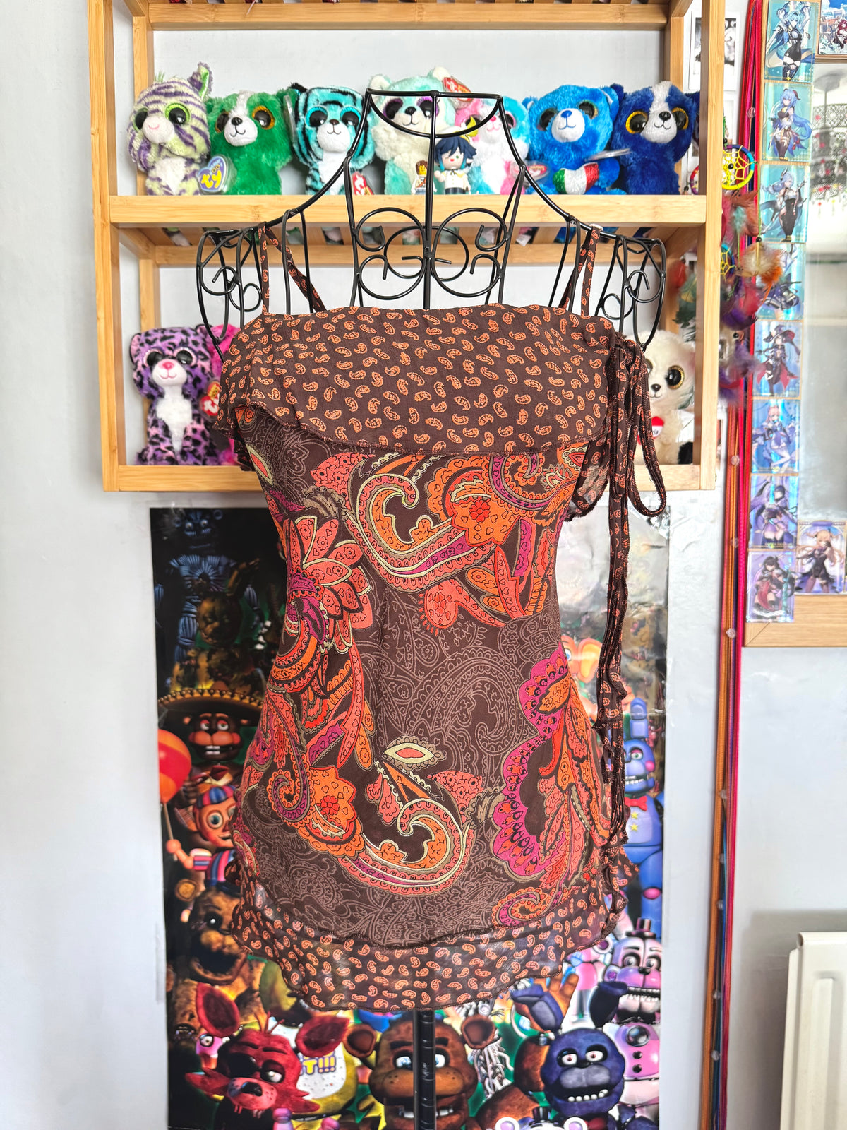 y2k vintage fitted brown and orange paisley print cami top