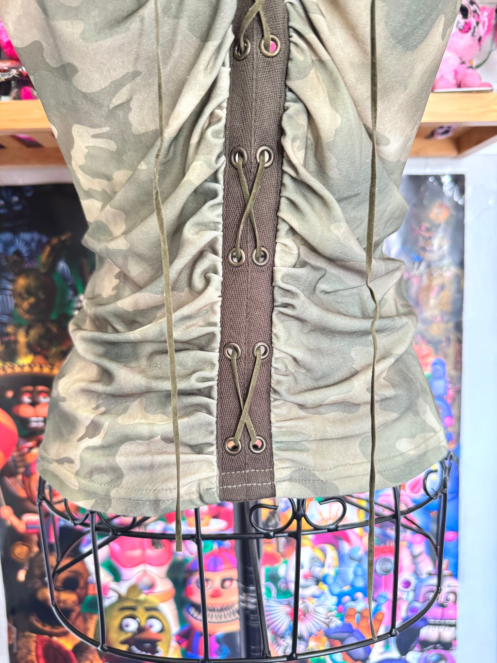 y2k vintage camouflage print green lace up ruched and fitted cami top with grommets