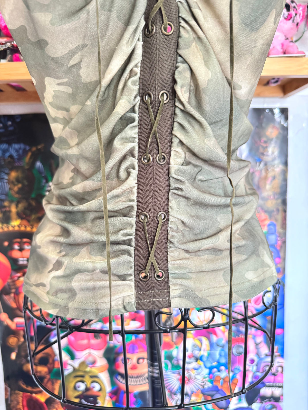 y2k vintage camouflage print green lace up ruched and fitted cami top with grommets
