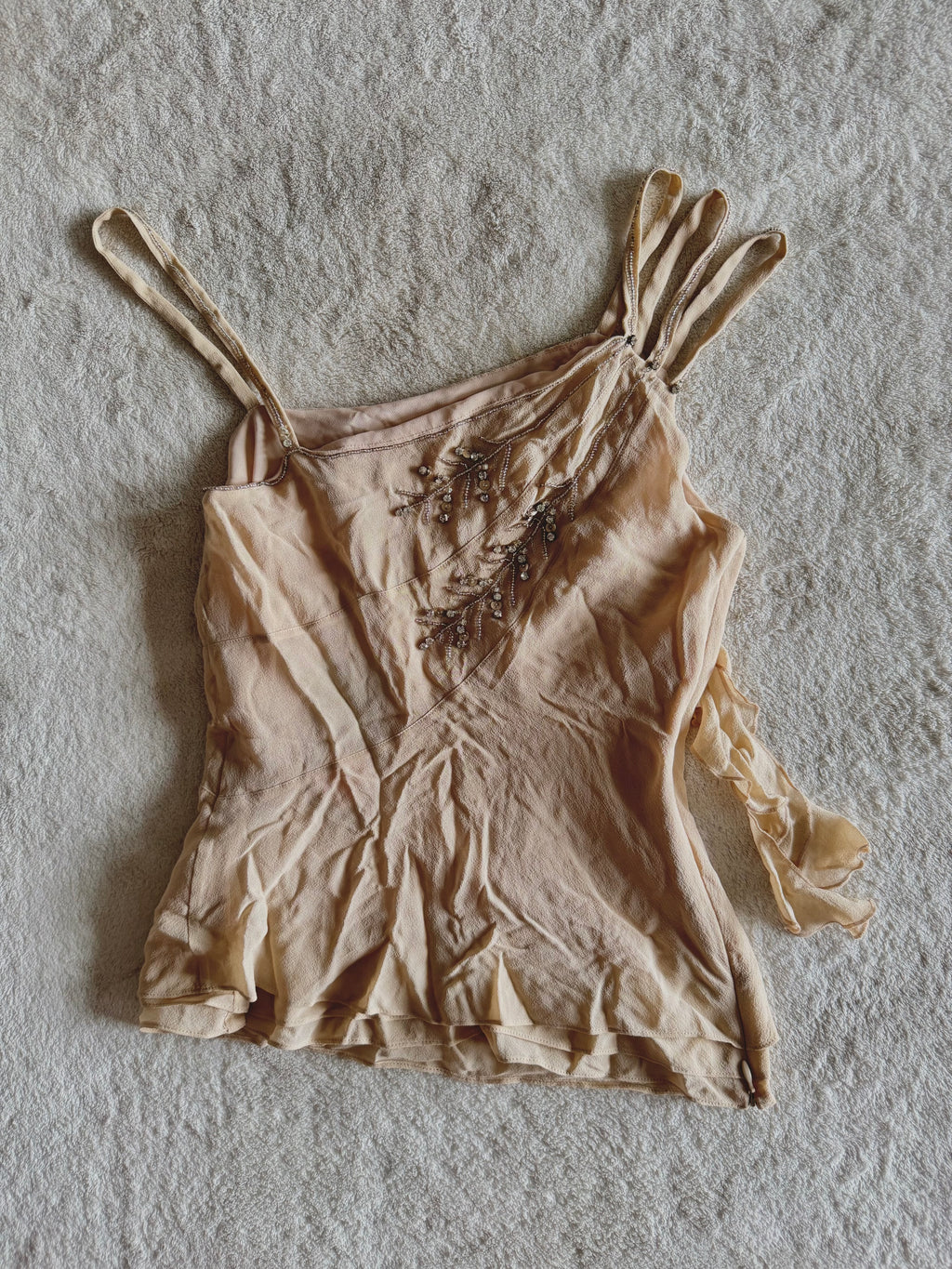 y2k vintage bnwt deadstock beige fitted layered silk cami top with feathering and sequins