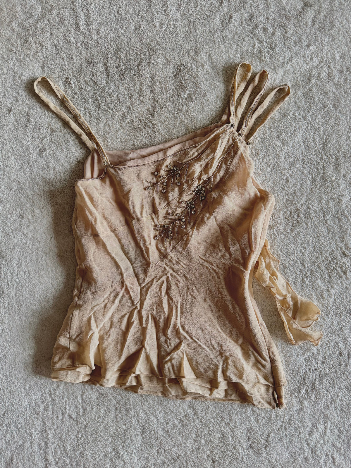 y2k vintage bnwt deadstock beige fitted layered silk cami top with feathering and sequins