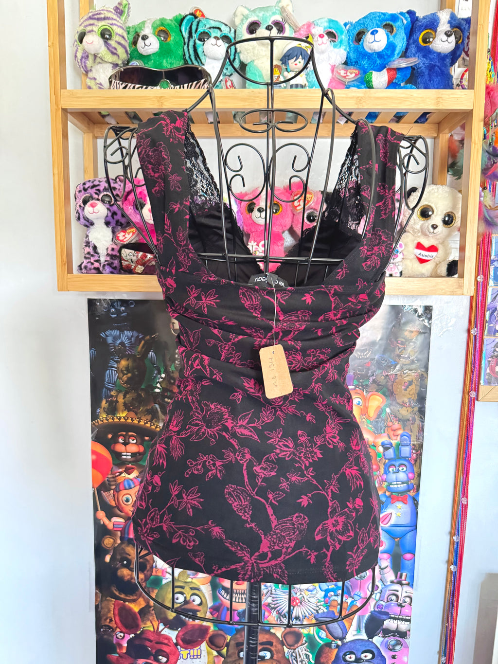 y2k vintage black and pink floral lace trim cami top gothic