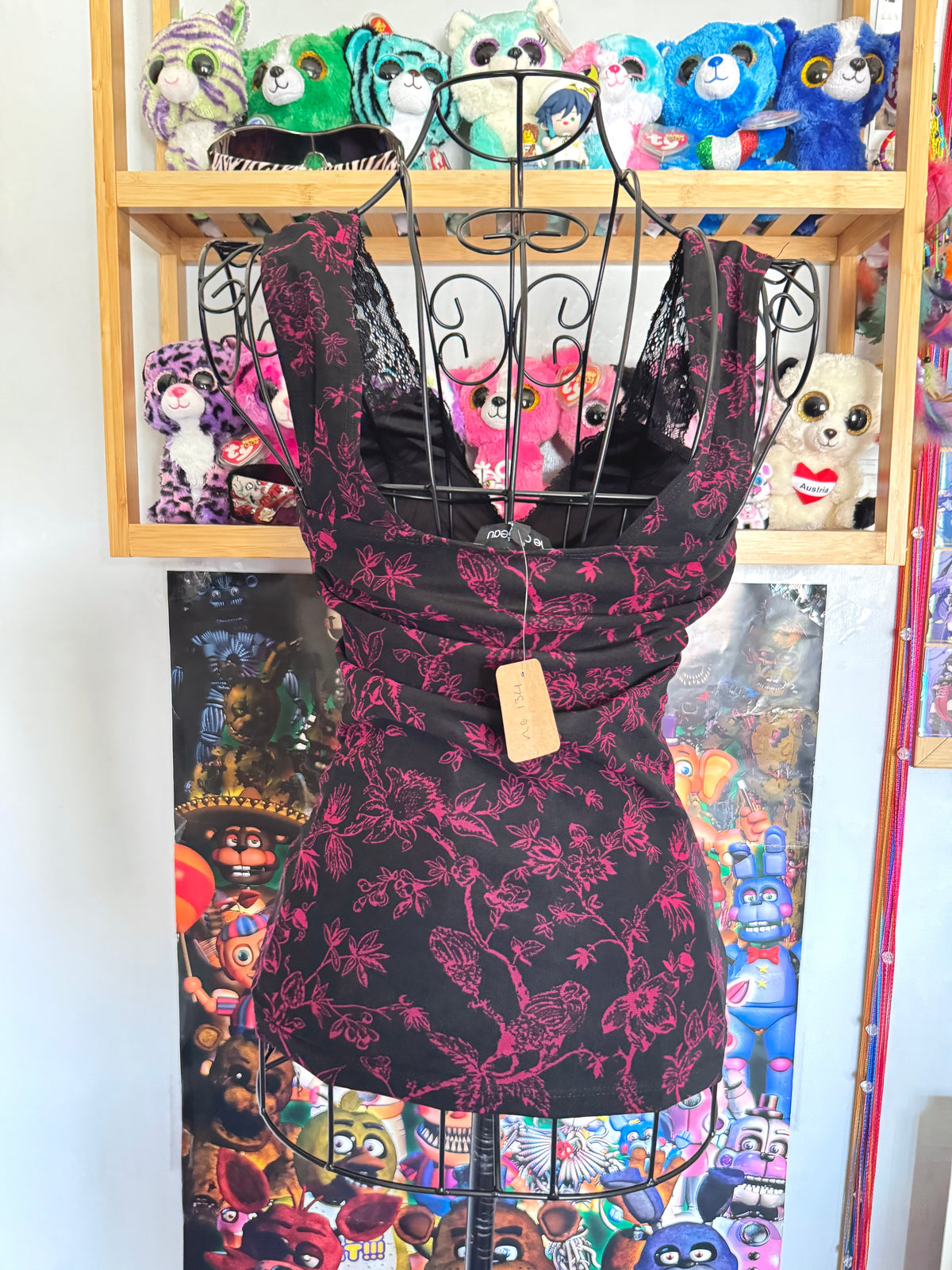 y2k vintage black and pink floral lace trim cami top gothic