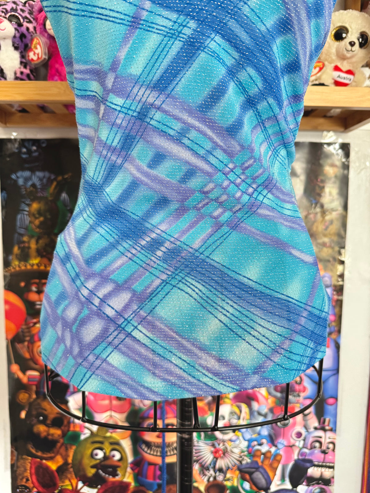 y2k vintage aqua blue fitted halterneck tie back top with glittery shimmer throughout