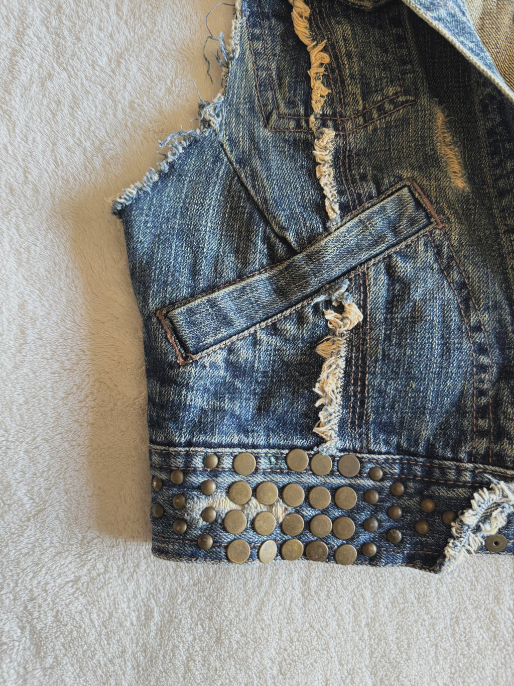 y2k vintage medium wash denim sleeveless waistcoat with studs and punk details