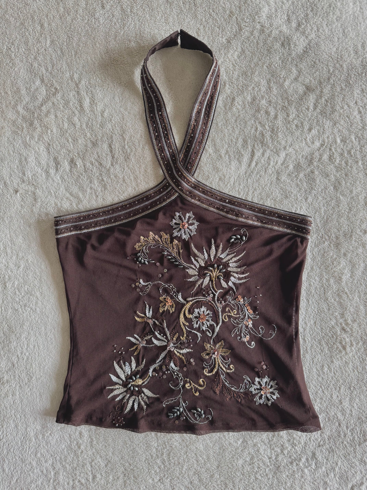 y2k vintage chocolate brown floral embroidered sequin halterneck fitted top fairycore