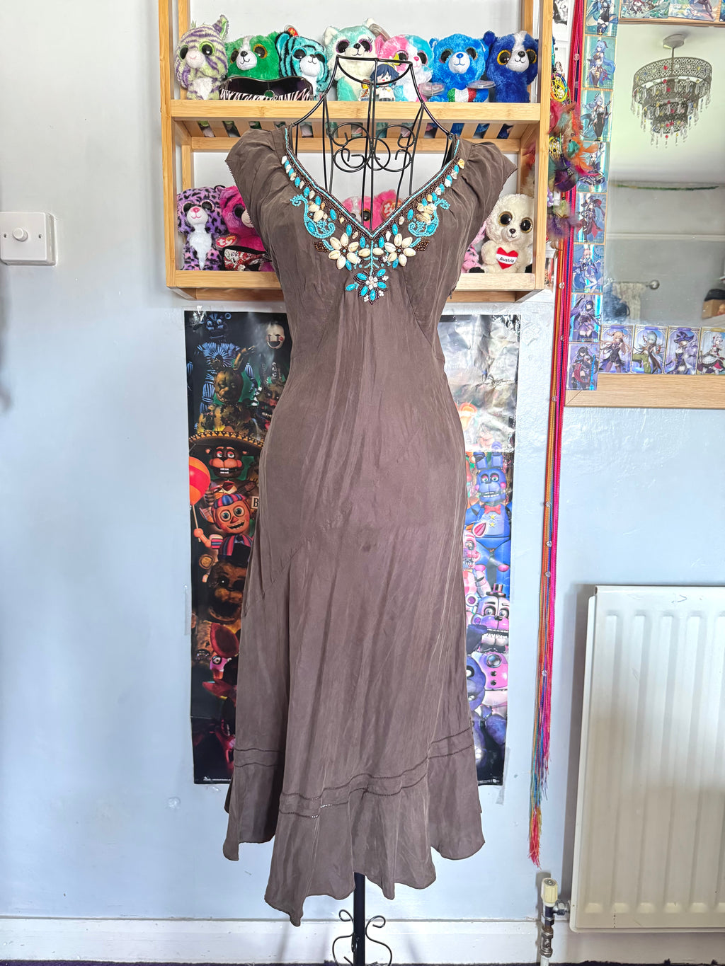 y2k vintage chocolate brown and turquoise blue silk fitted beaded shell midi dress