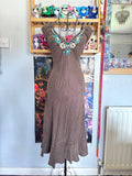 y2k vintage chocolate brown and turquoise blue silk fitted beaded shell midi dress