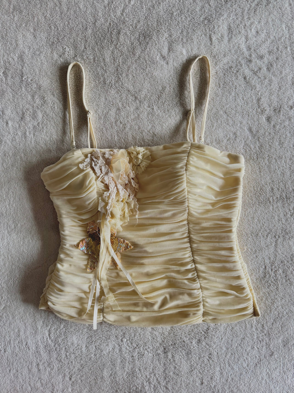 y2k vintage cream ruched boned and fitted corset top with sequins embellished