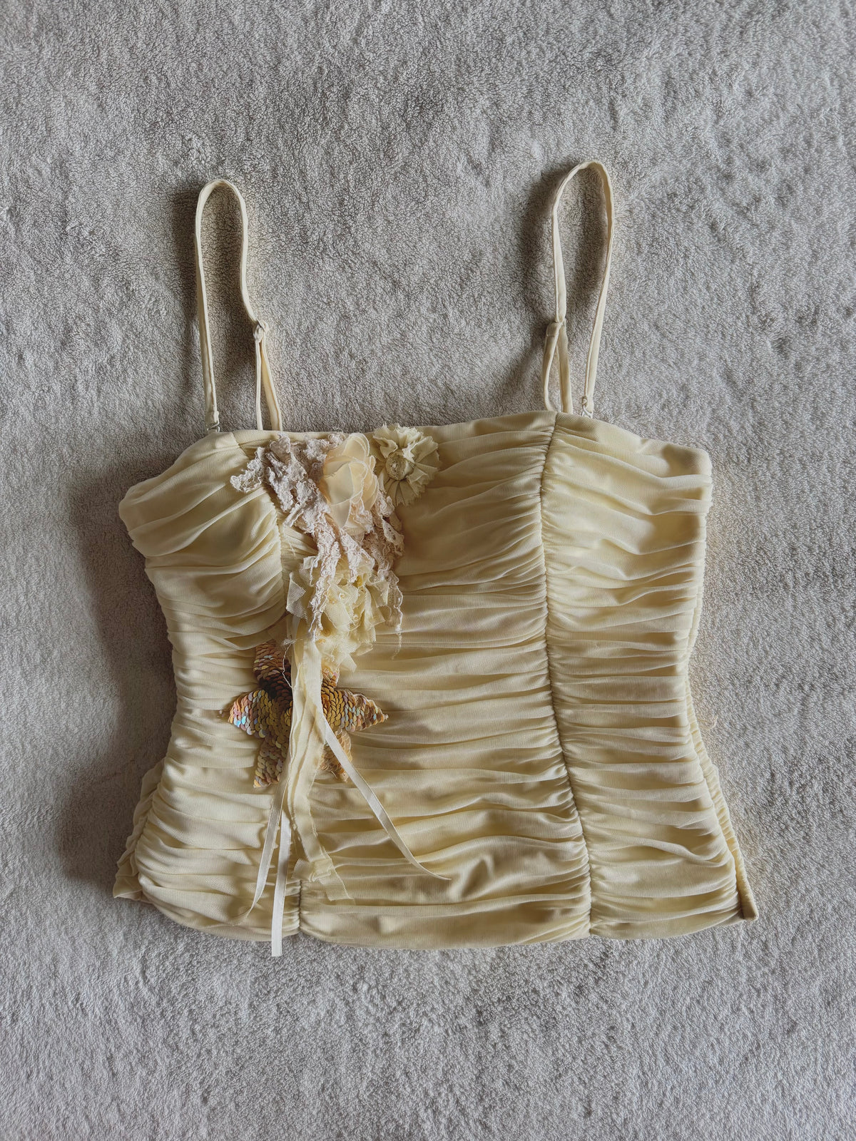 y2k vintage cream ruched boned and fitted corset top with sequins embellished