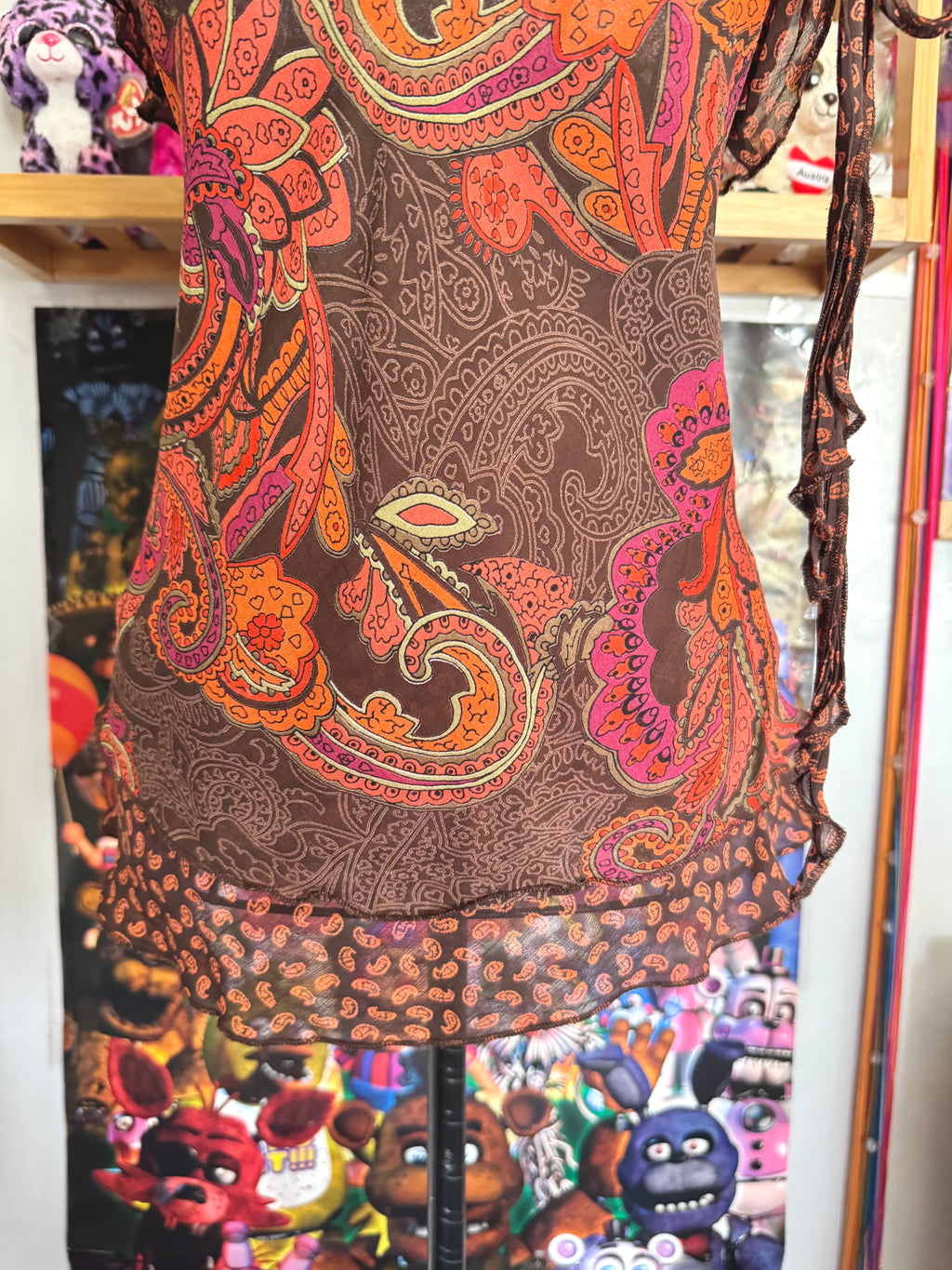 y2k vintage fitted brown and orange paisley print cami top