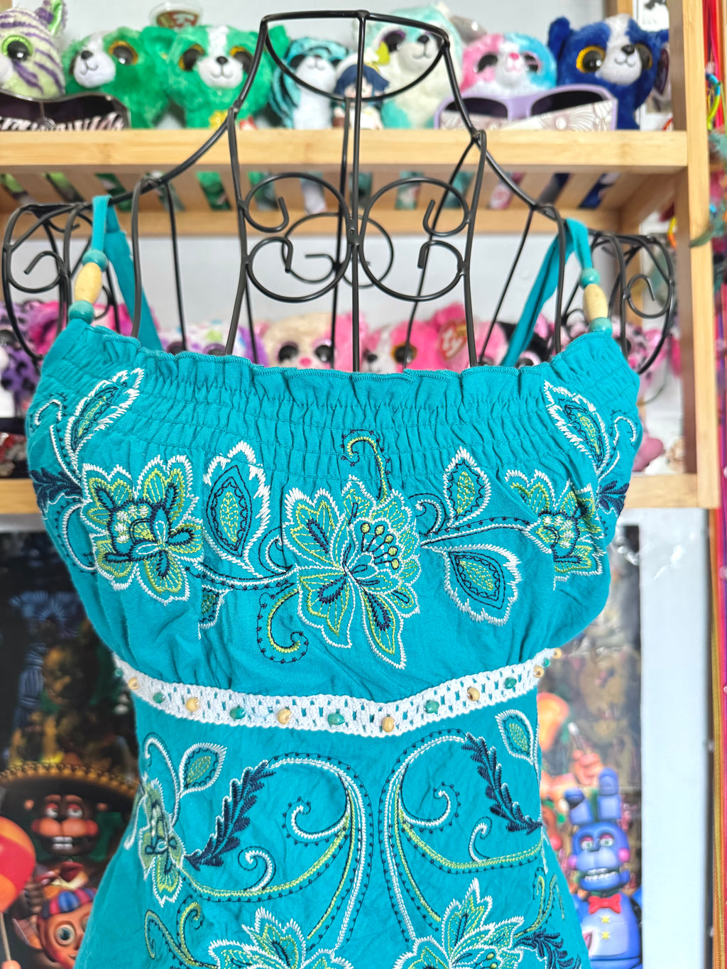 y2k vintage teal blue tie back fitted cami top with expansive floral embroidery