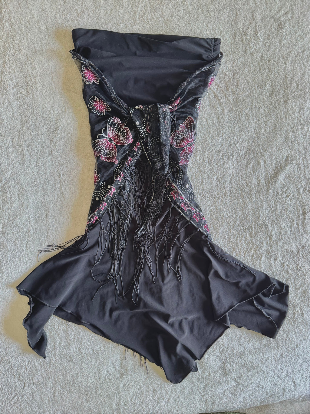 y2k vintage strapless fitted ruched asymmetrical fairy hem mini dress with butterfly mesh shawl
