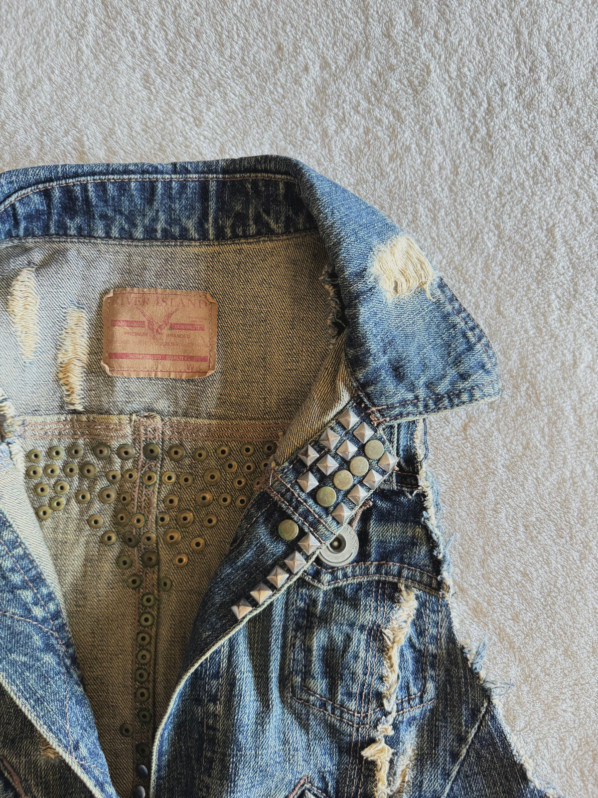 y2k vintage medium wash denim sleeveless waistcoat with studs and punk details