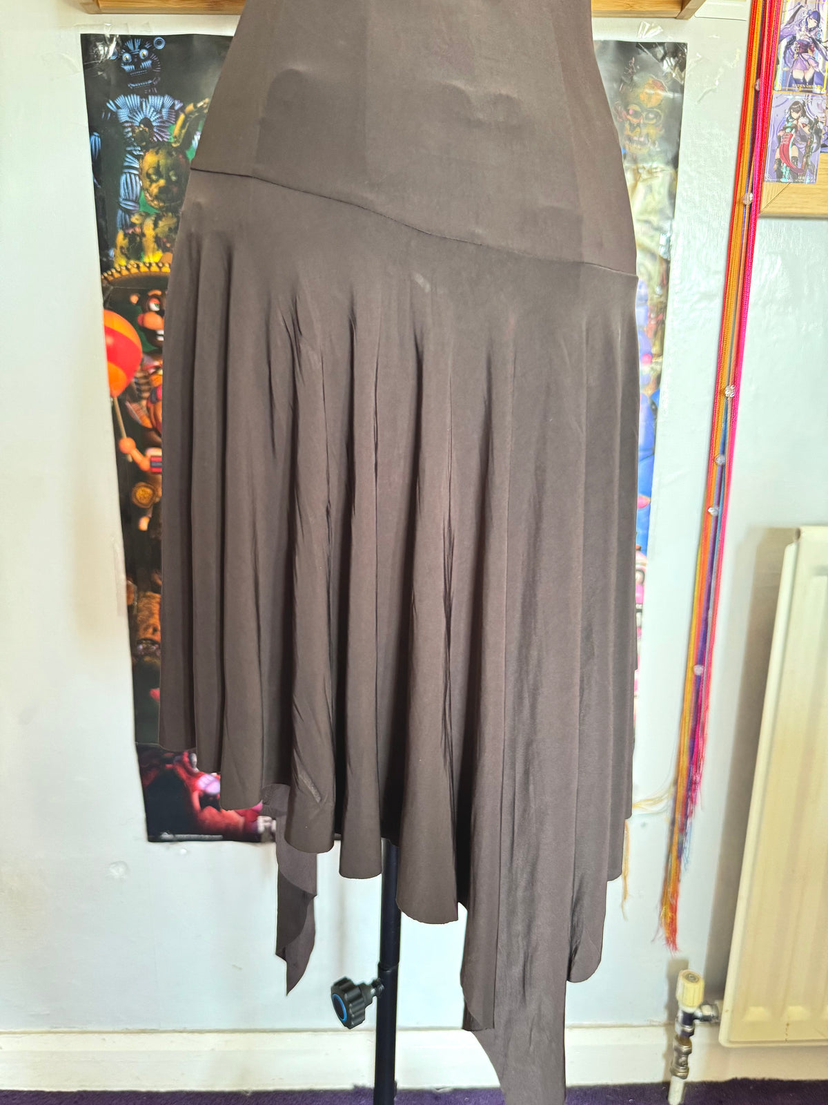 y2k vintage chocolate brown asymmetrical hem lace trim midi dress with crisscross back fairy