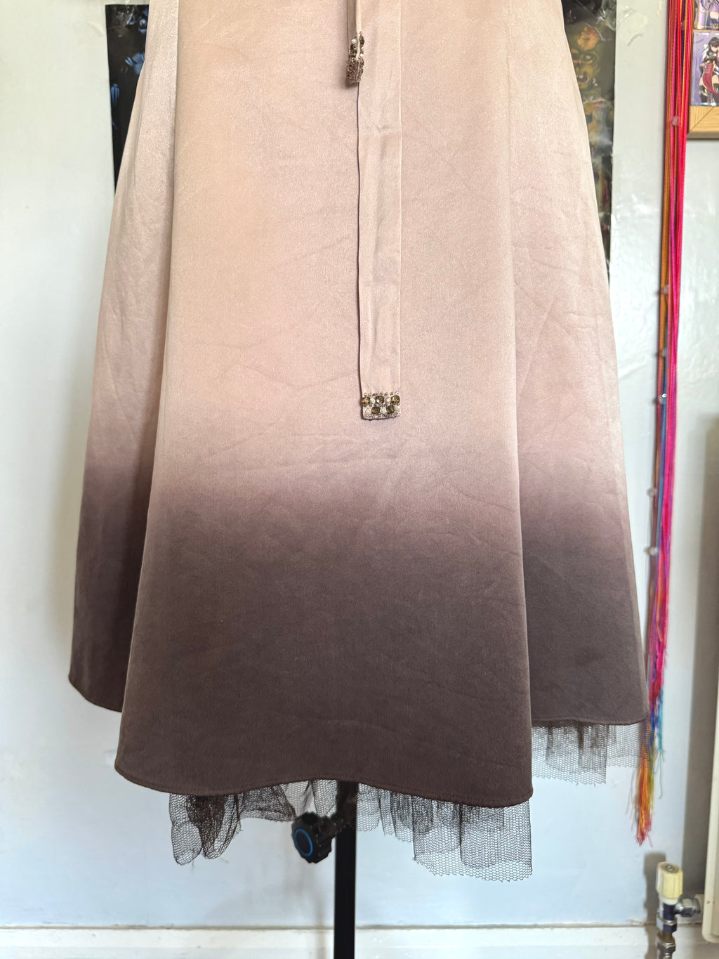 y2k vintage silk dusky pink and brown ombre fitted midi dress fit and flare with blossoms