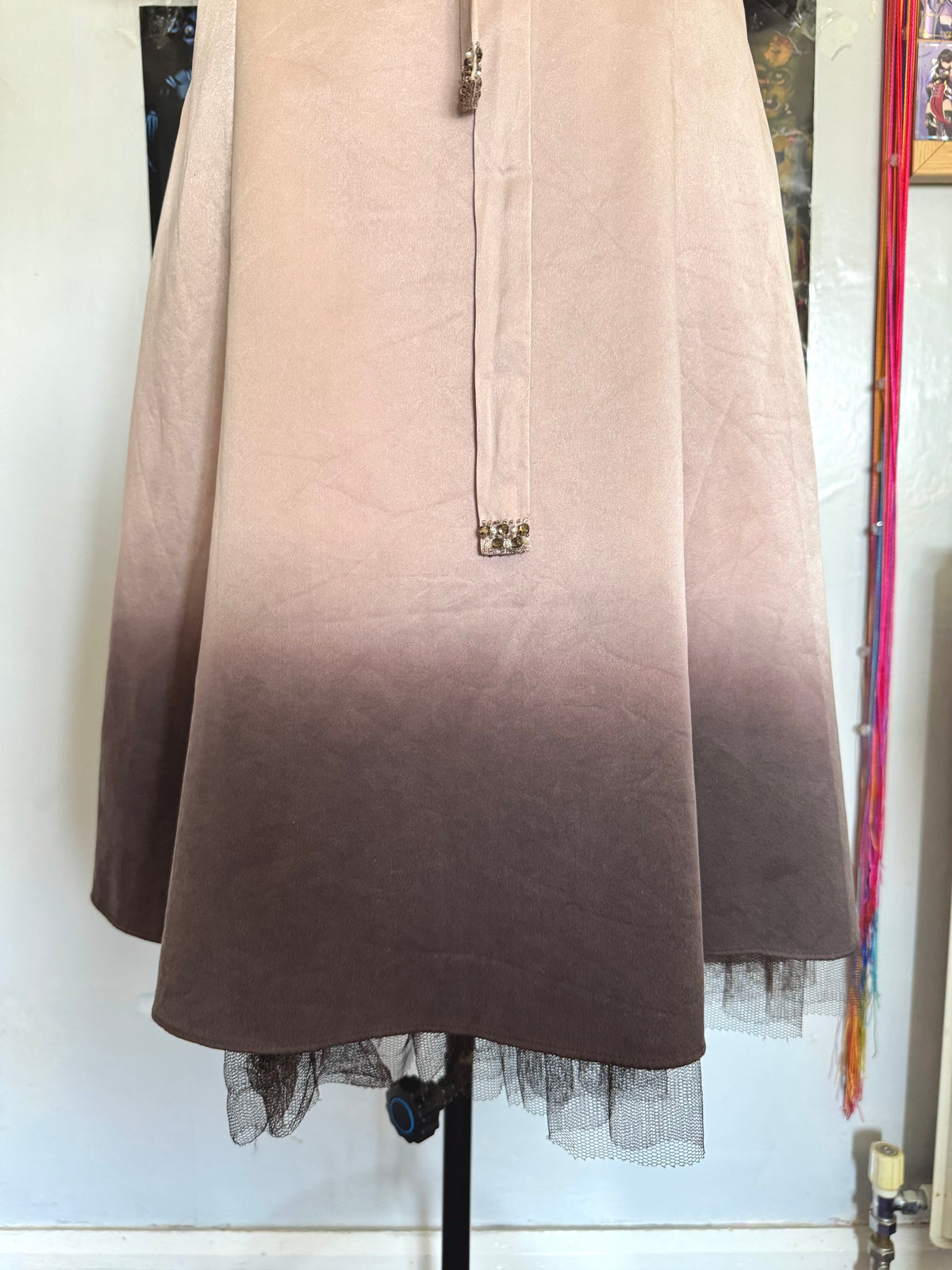 y2k vintage silk dusky pink and brown ombre fitted midi dress fit and flare with blossoms