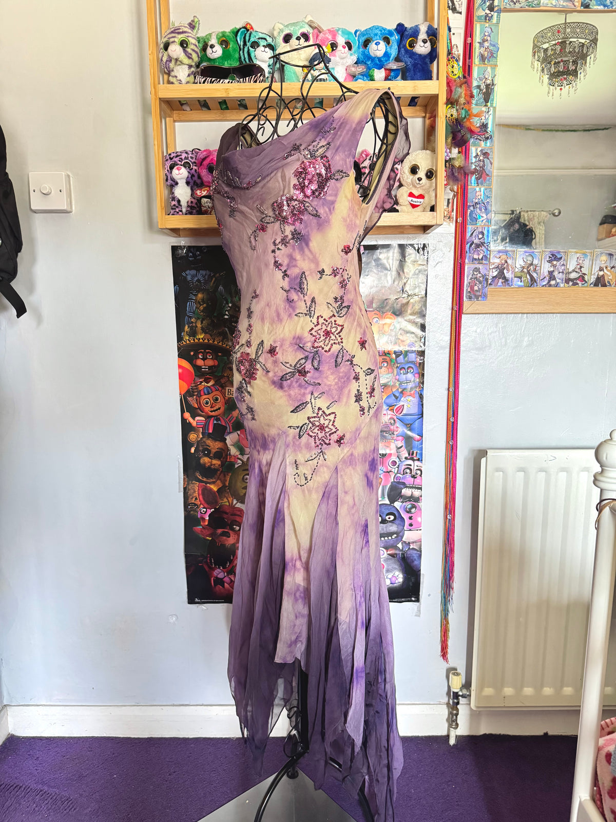 y2k vintage violet purple whimsical silk floral beaded hanky hem cowl neck maxi dress fairy