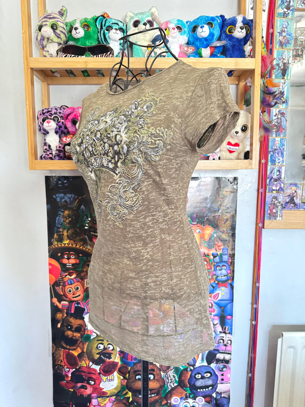 y2k vintage khaki green fitted sheer insane graphic top with crown, wings and rhinestones