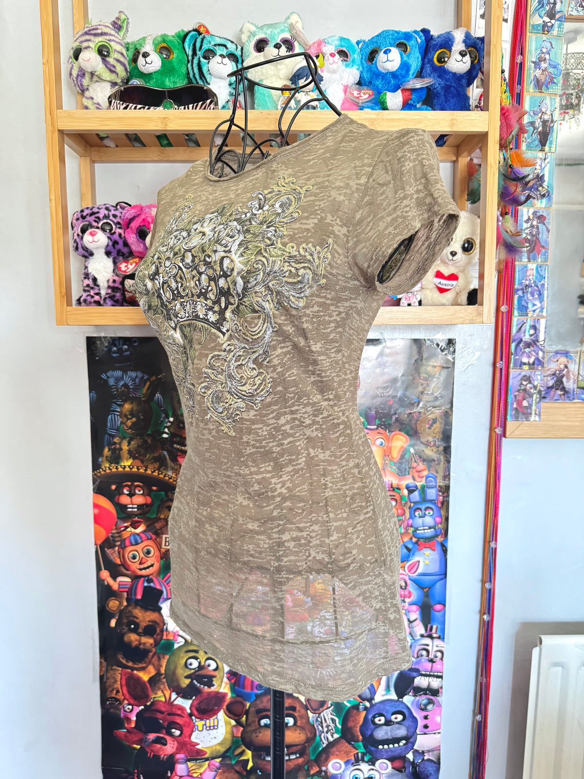y2k vintage khaki green fitted sheer insane graphic top with crown, wings and rhinestones
