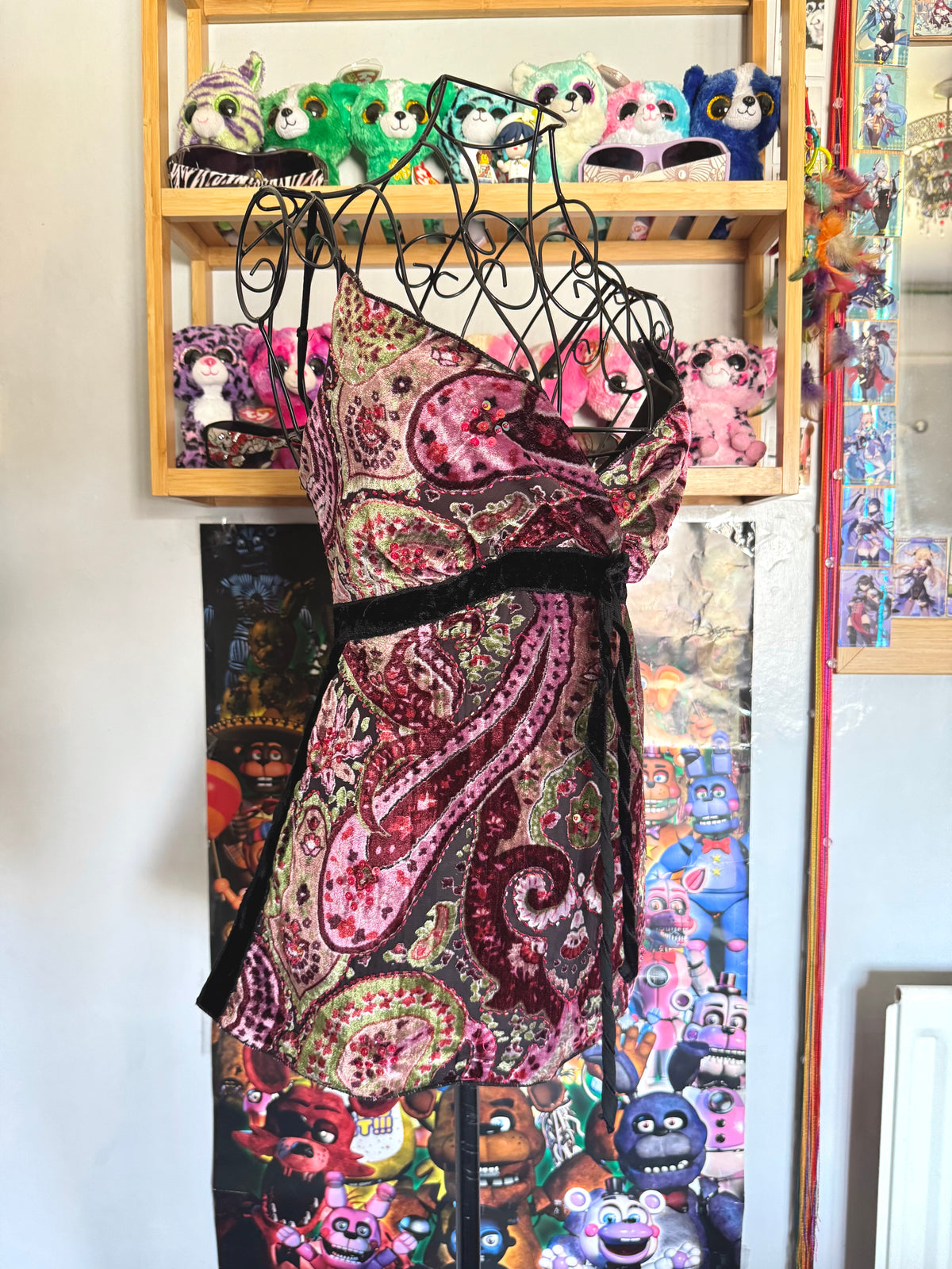 y2k vintage paisley print velvet mixed textures beaded cami top fairycore whimsical