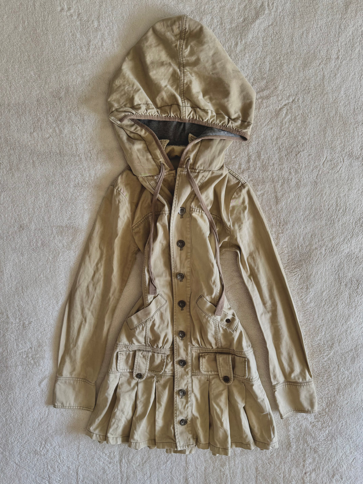 y2k vintage fitted button up archival hooded pleated trench coat archival drawstring