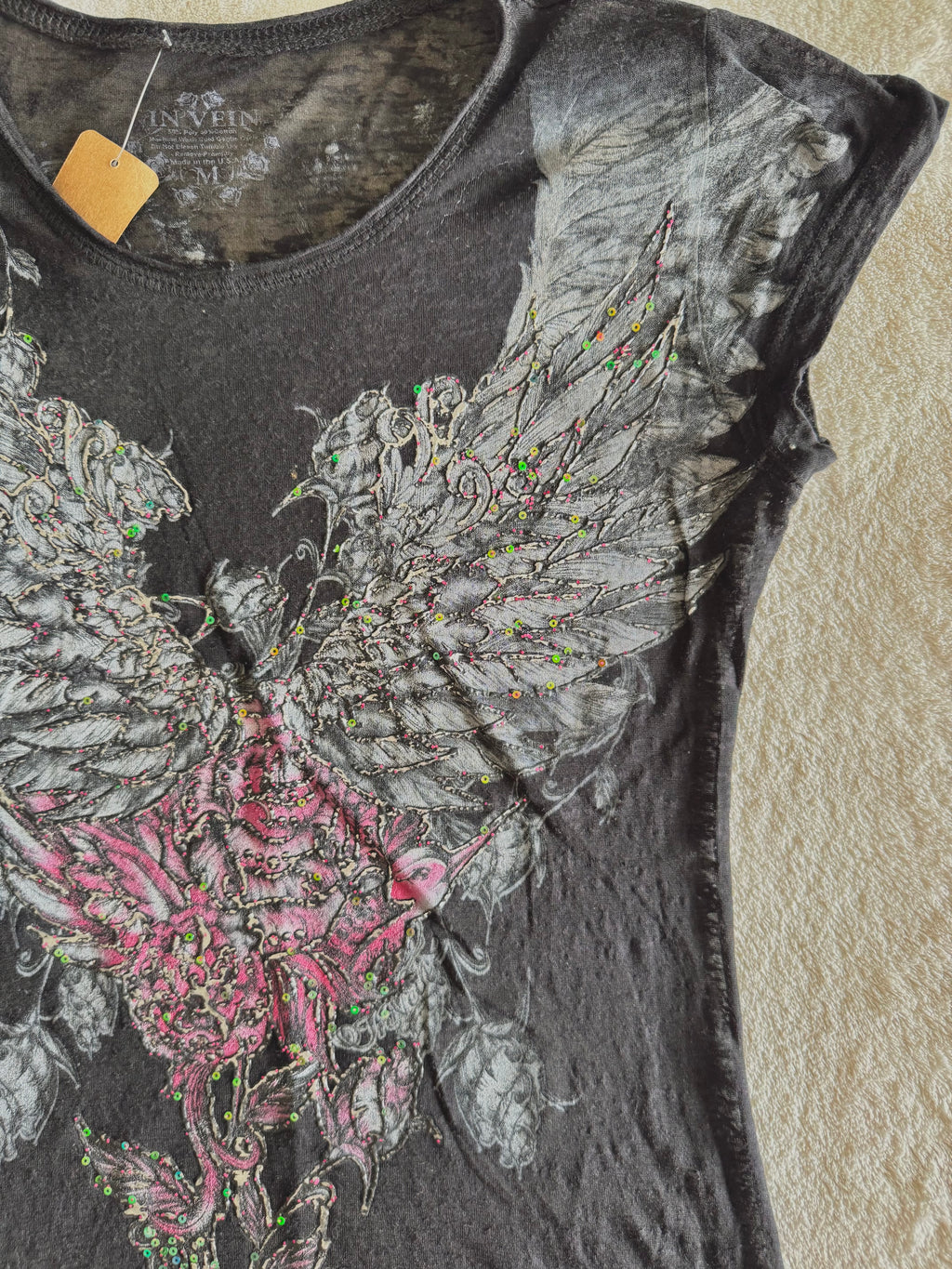 y2k vintage insane graphic angel wings print fitted sheer tee