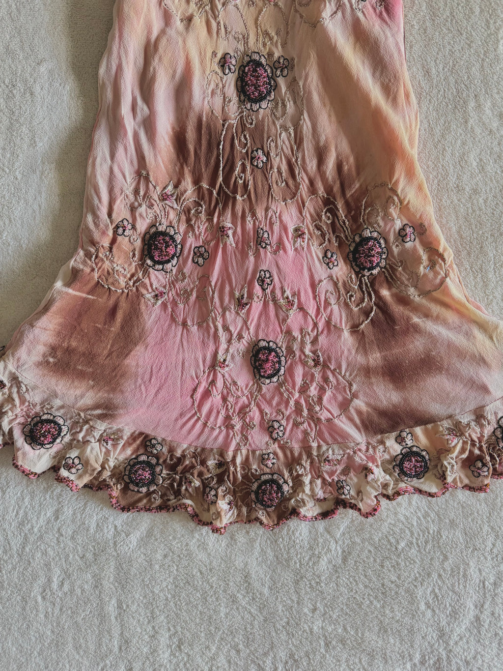 90’s vintage silk pink and brown beaded floral pattern halterneck mini dress fairycore