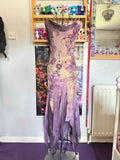 y2k vintage violet purple whimsical silk floral beaded hanky hem cowl neck maxi dress fairy