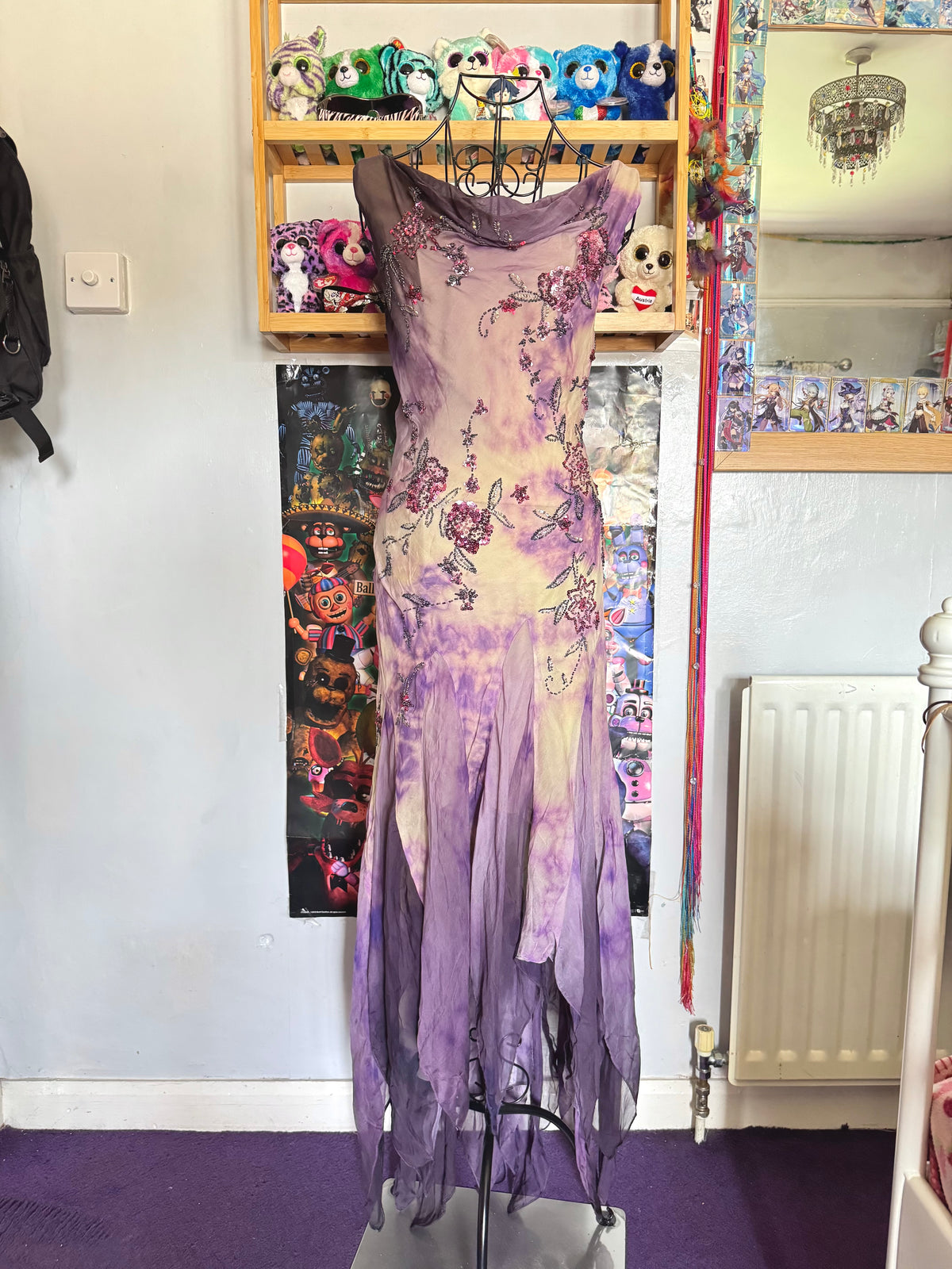 y2k vintage violet purple whimsical silk floral beaded hanky hem cowl neck maxi dress fairy