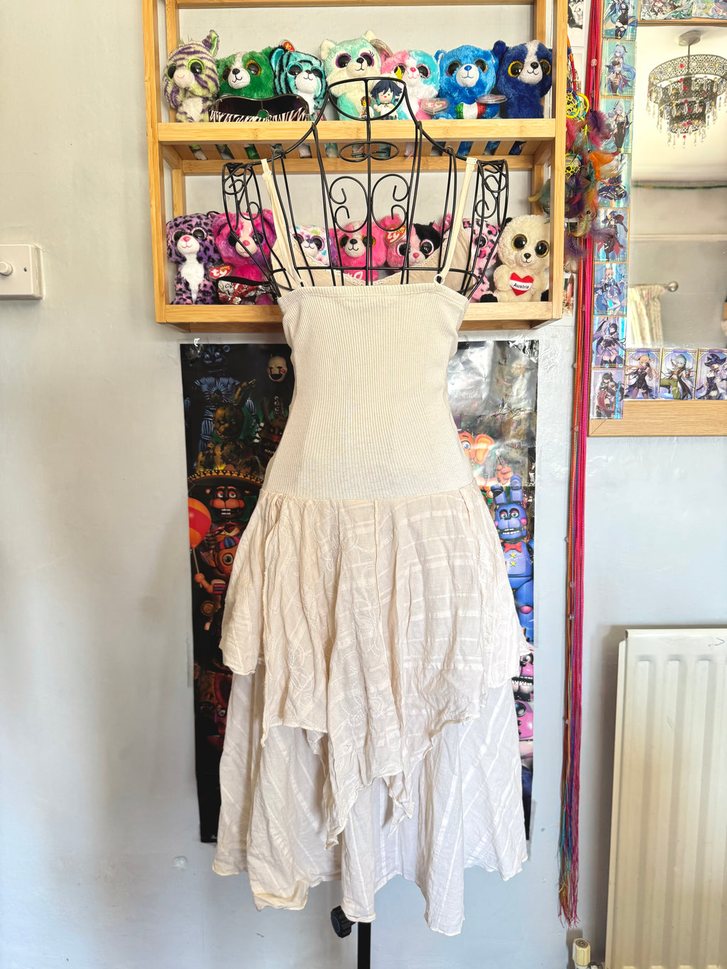 y2k vintage cream cotton fairy midi dress with ruffle layered hem