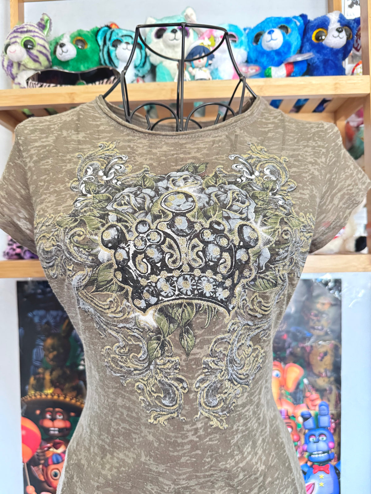 y2k vintage khaki green fitted sheer insane graphic top with crown, wings and rhinestones