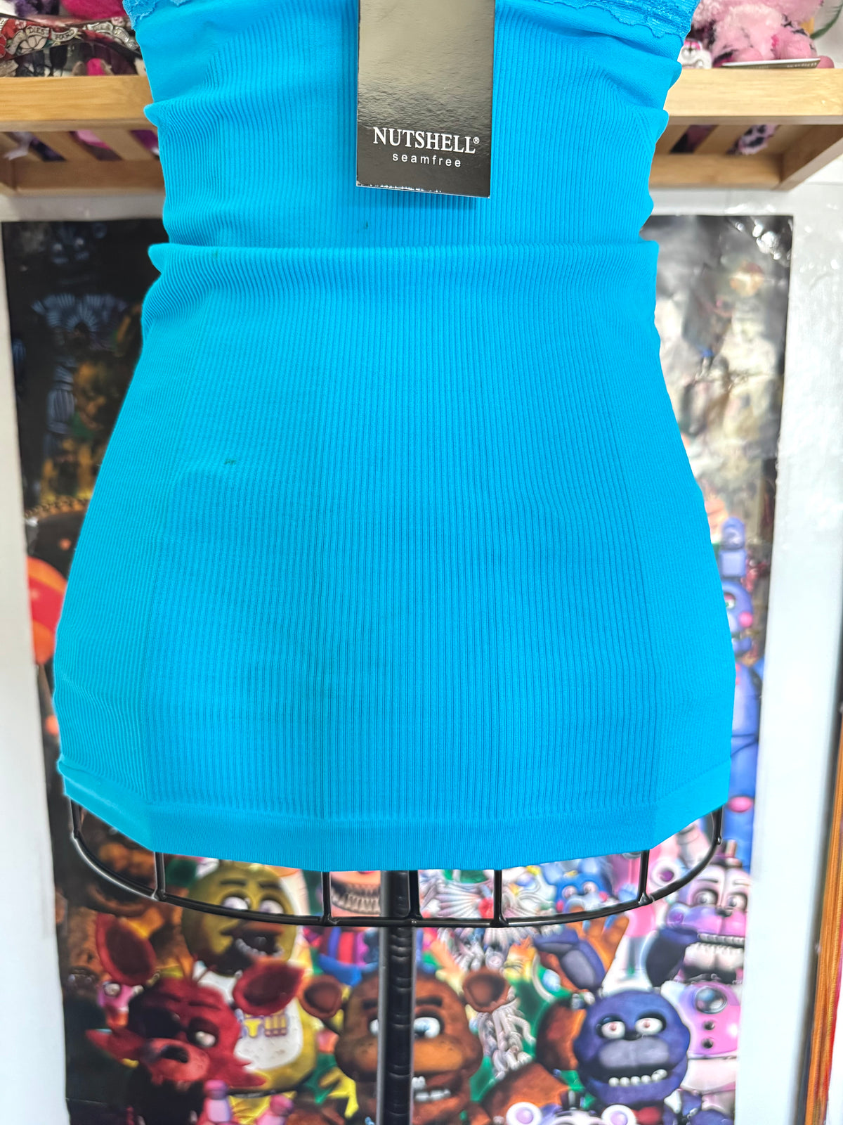 y2k vintage aqua blue seamless cami top with lace trimmings and rhinestones