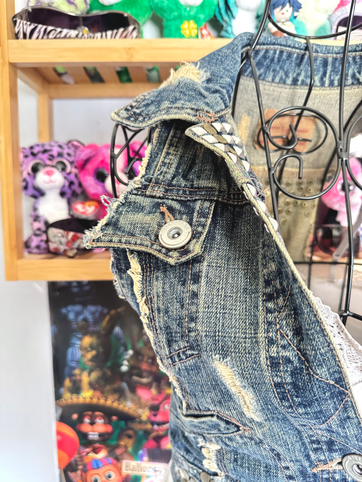y2k vintage medium wash denim sleeveless waistcoat with studs and punk details